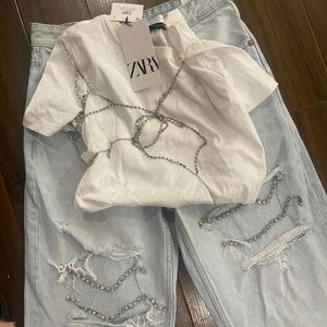 Zara wide ripped jeans with jewelry t shirt
